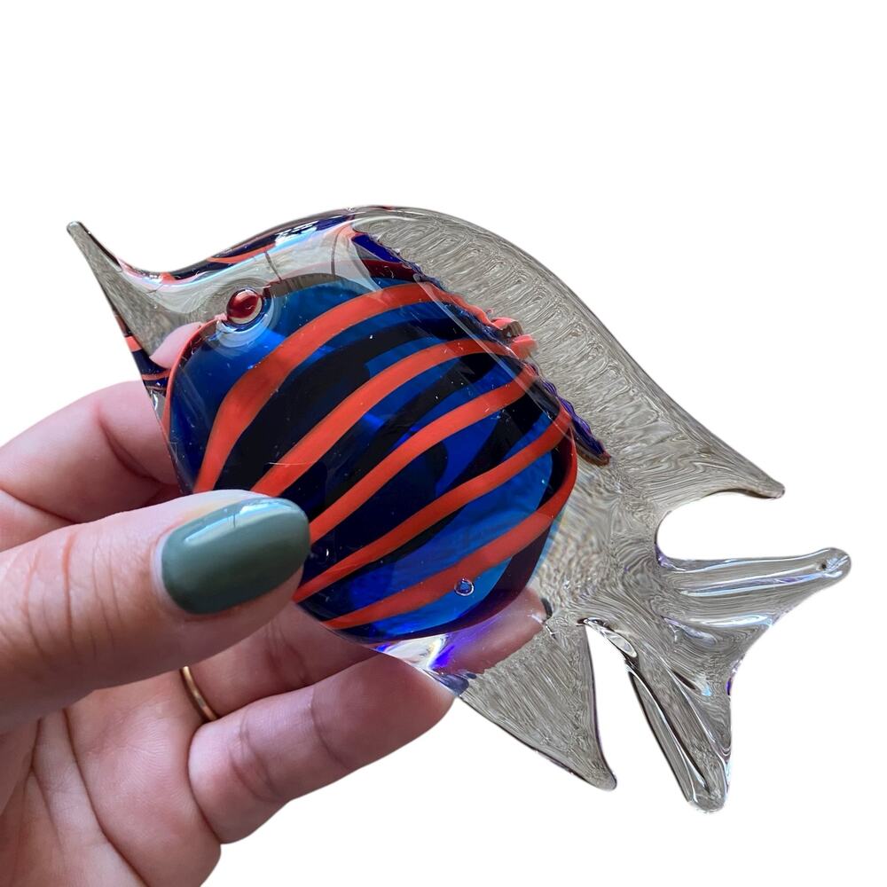 Hand Blown Striped Fish Art Glass Paperweight Murano Inspired Figurine 2.25" Tal
